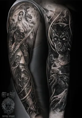Татуировка мужская фентези тату-рукав монстр и девушка-воин - мастер Слава  Tech Lunatic 3406 | Art of Pain