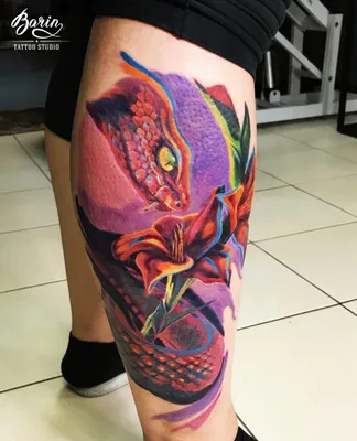 Татуировка мужская япония на ноге хризантемы, змея - мастер Марк Акулов  6848 | Art of Pain