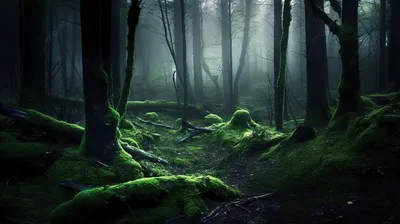 темный лес с большим количеством покрытых мхом деревьев, крутая лесная  картинка, лес, Круто фон картинки и Фото для бесплатной загрузки