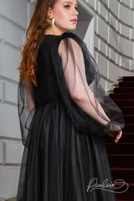 Черное воздушное вечернее платье чайной длины с легкими рукавами в  Хабаровске