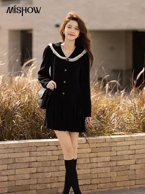 MISHOW/Черное женское платье; Коллекция 2022 года; Зимние теплые бархатные вечерние  платья с кукольным воротником; Элегантные свободные платья до колена;  Vestidos; MXB48L1357 | AliExpress