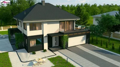 Проект двухэтажного дома с гаражом на два автомобиля и большой террасой  108-293-2Г c чертежами, фото, планировками - Планнерс