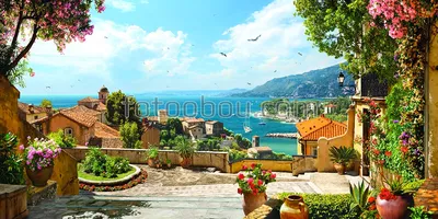 Фотообои Панорамный вид на море с цветущей террасы для стен, бесшовные,  фото и цены, купить в Интернет-магазине