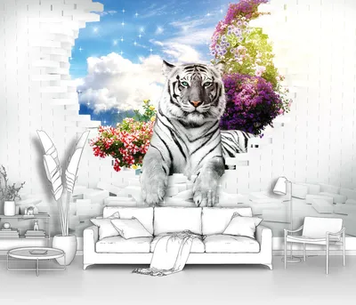 Фотообои на стену флизелиновые животные лофт ПЕРВОЕ АТЕЛЬЕ \"Белый тигр в  проломе кирпичной стены\" 200х130 см (ШхВ), моющиеся, Premium - купить по  выгодной цене в интернет-магазине OZON (346967003)