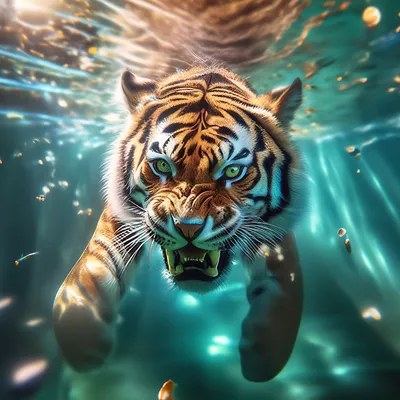Тигр под водой плывет за рыбой, …» — создано в Шедевруме