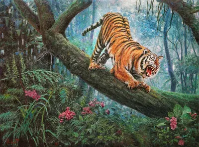 Тигр в джунглях - картина маслом художника Разживина