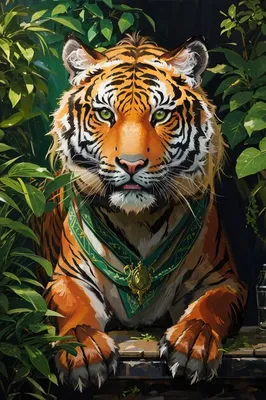 Тигр в джунглях, зеленые тона …» — создано в Шедевруме