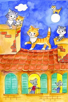 Иллюстрация Тише мыши, кот на крыше в стиле графика, декоративный,