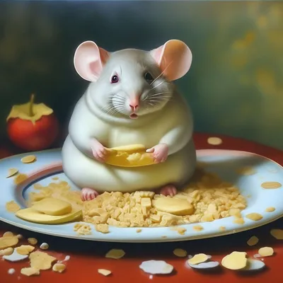 Толстая мышь на тарелке с крошками» — создано в Шедевруме