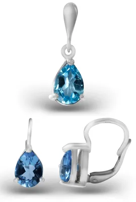 Set of silver drop shaped jewelry with topaz Swiss blue