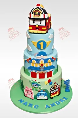 Торт Robocar Poli для мальчика 2205320 детский на 4 года на день рождения  одноярусный с мастикой - торты на заказ ПРЕМИУМ-класса от КП «Алтуфьево»