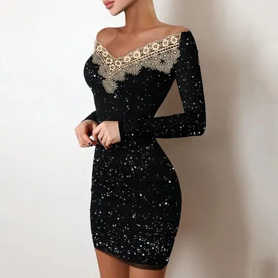 Купить Сексуальные вечерние платья для женщин 2022, осень, однотонное  черное с открытыми плечами и длинными рукавами, контрастное кружевное  блестящее облегающее мини-платье | Joom