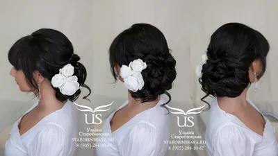 Яркий свадебный макияж с накладными ресничками для серых глаз и популярная  свадебная прическа