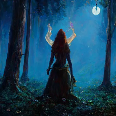 Ведьма в лесу ночью вид сзади …» — создано в Шедевруме