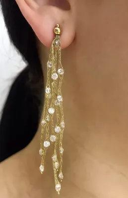 Длинные серьги с бриллиантами и изумрудами из белого золота | Ювелирный  интернет магазин «Взлате»