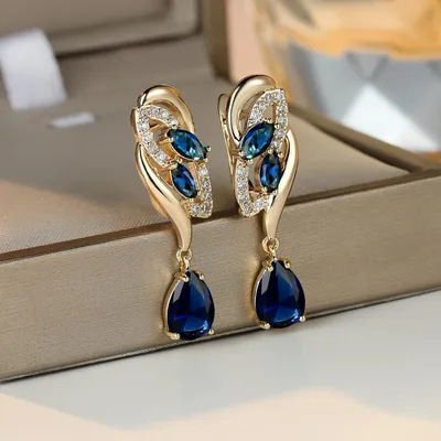 Купить Уникальные висячие серьги золотого цвета с синим камнем в форме  капли, серьги-кольца в форме маркизы, подарок на годовщину | Joom