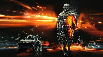 Обои на рабочий стол Коллаж на тему игры Battlefield 3 / Поле боя 3 с  солдаты, автомат, военная техника, огни фар, дым, обои для рабочего стола,  скачать обои, обои бесплатно