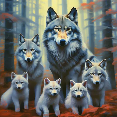 Волчья семья с двумя детенышами | Премиум Фото