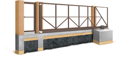 Забор из металлического штакетника с зазором на ленточном фундаменте с кирпичными  столбами, распашными воротами и калиткой - ЗаборСервисСтрой