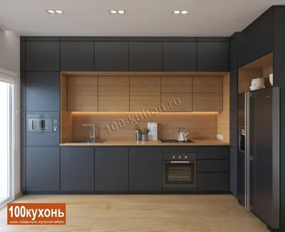 Встроенная тёмно-серая угловая кухня трёхуровневая | 100 Кухонь