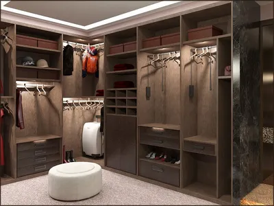 Угловая гардеробная комната в спальне с зеркальными раздвижными дверьми-купе