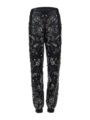 Велюровые брюки прямого кроя с декором из вышивки и страз Juicy Couture -  цена 14 900 ₽