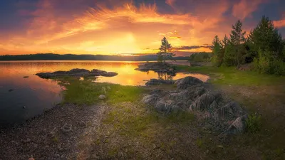 Картинка Швеция Природа Небо рассвет и закат Реки дерева 4981x3247