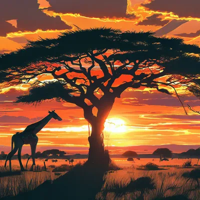 Африка саванна закат большое дерево …» — создано в Шедевруме