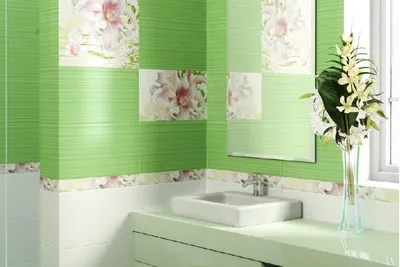 Скандинавский стиль ванной комнаты с зеленой керамической плиткой