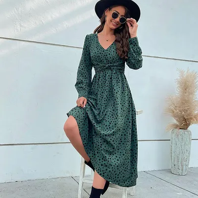 Купить Весенне-осеннее женское платье, модные зеленые леопардовые длинные  платья с длинными рукавами | Joom