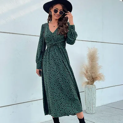 Купить Весенне-осеннее женское платье, модные зеленые леопардовые длинные  платья с длинными рукавами | Joom