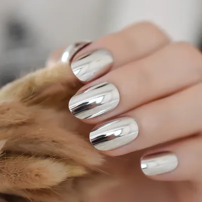Блестящие Серебряные накладные ногти в стиле панк, металлическое покрытие,  акриловые Короткие круглые отражающие зеркальные накладные ногти, Типсы для  нейл-арта | AliExpress