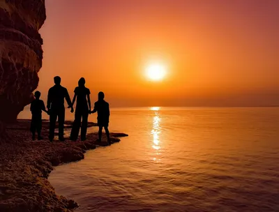 Семья из четырех человек, принимая селфи фото на пляжный отдых. семейный  пляжный отдых | Премиум Фото