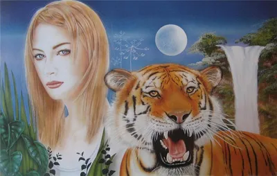 Скачать обои девушка, тигр, дерево, хищник, арт, красные волосы, раздел  живопись в разрешении 3179x2060