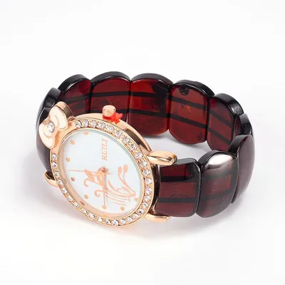 Купить шикарные женские часы со стразами на коньячном янтарном браслете