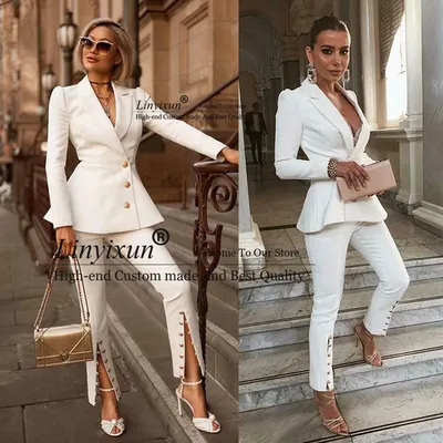 Белые женские костюмы, облегающая офисная одежда, костюм с брюками, Женский  костюм с брюками, официальный деловой костюм из 2 предметов (пиджак +  брюки) | AliExpress