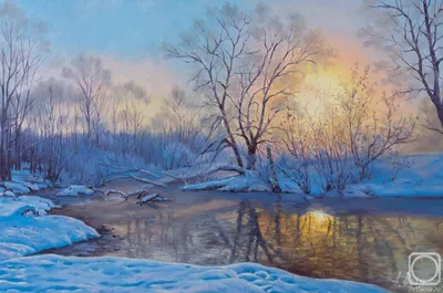 Картинки Зима Природа лес снегу Пейзаж Рассветы и закаты Реки сезон