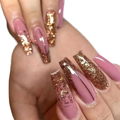 Золотистые и розовые длинные блестящие натуральные Длинные Нежные ногти с  полным покрытием для самостоятельного ногтей в домашних условиях |  AliExpress