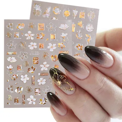 Купить 3D цветы листья наклейки для ногтей наклейки золотые, черные  бронзовые цветы градиент клейкая наклейка дизайн ногтей художественные  украшения | Joom