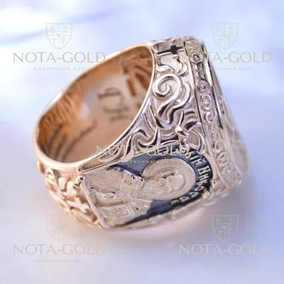 Мужское золотое кольцо-печатка с инициалами, образами икон и гравировкой  (Вес 38,5 г.) | Купить в Москве - Nota-Gold