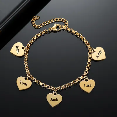 Золотой браслет с подвесками в форме сердца, ювелирные изделия,  персонализированный браслет в форме сердца, рождественские подарки на  заказ, браслет из нержавеющей стали для мамы | AliExpress