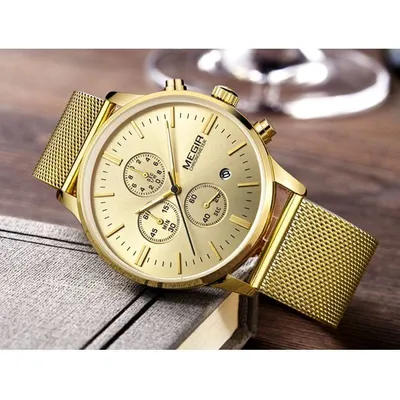 Spoo-Design | 42 мм - Золотые мужские золотые часы с хронографом и сетчатым  ремешком | Мужские часы (Д)