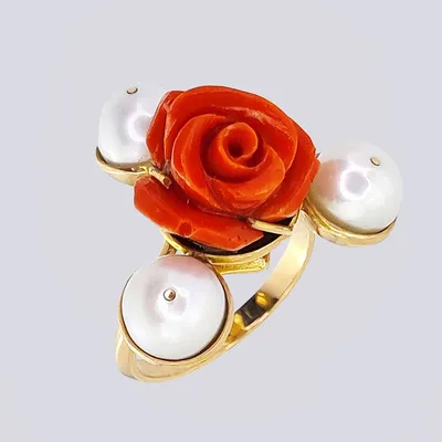 Кольцо СССР с резным кораллом в виде розы и 3 жемчужинами купить в Москве