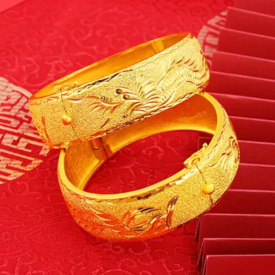 Купить Роскошный браслет из желтого золота 24 карата с покрытием для  женщин, браслет шириной 20 мм с драконом и фениксом, свадебный браслет,  ювелирные украшения для помолвки | Joom