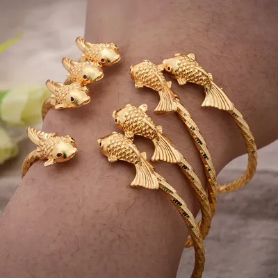 4 шт./лот, роскошные золотые браслеты-манжеты в форме рыбок из Дубая для  женщин и девочек, африканские свадебные украшения, браслет невесты для  женщин | AliExpress