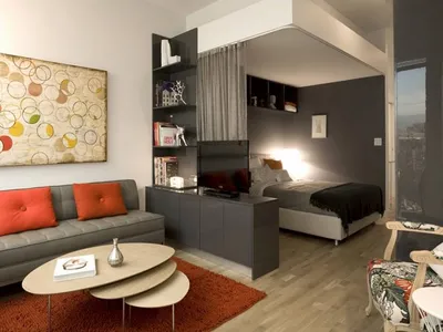 Дизайн прямоугольной гостиной комнаты 17 кв м, спальни с гардеробом - 37  фото