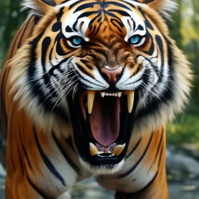 Тигр с открытым ртом и открытым ртом, демонстрирующим зубы. | Премиум Фото